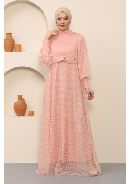 Inci Detaylı Tül Abiye Pudra MSW12238 modelleri