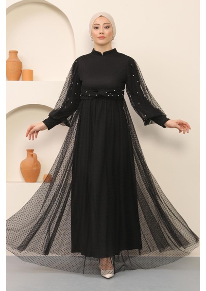 Inci Detaylı Tül Abiye Siyah MSW12238