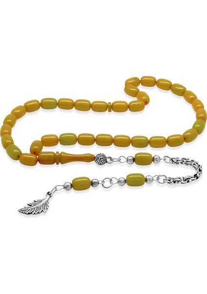 Kararmaz Metal Püsküllü Kapsül Kesim Bal Rengi Sıkma Kehribar Tesbih