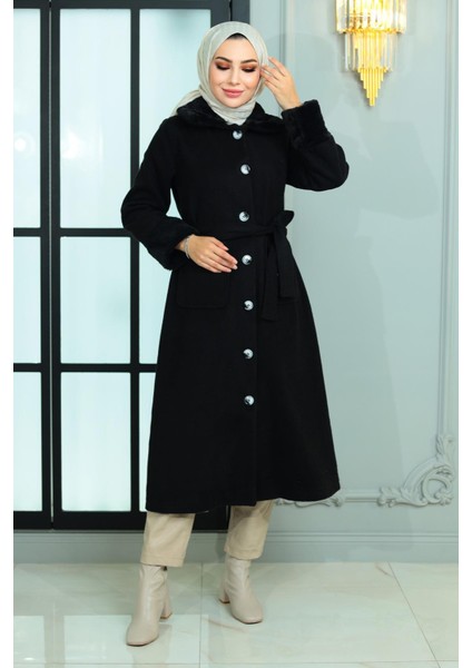 Kürk Detaylı Kaşe Kaban Siyah 19175