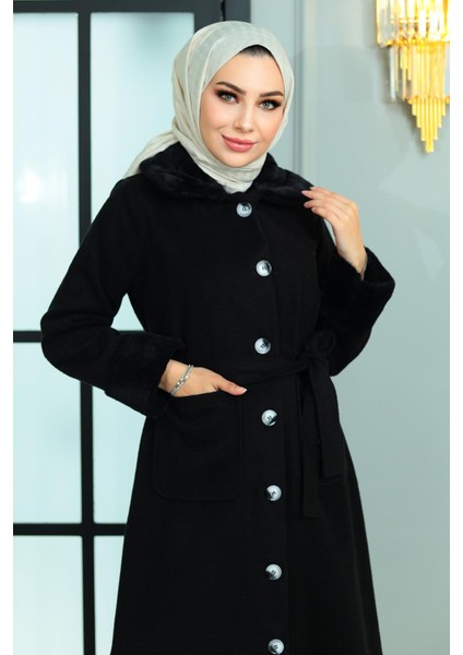 Kürk Detaylı Kaşe Kaban Siyah 19175 fiyatları