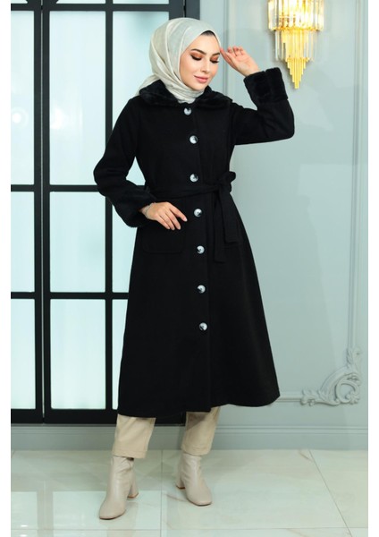 Kürk Detaylı Kaşe Kaban Siyah 19175 modelleri