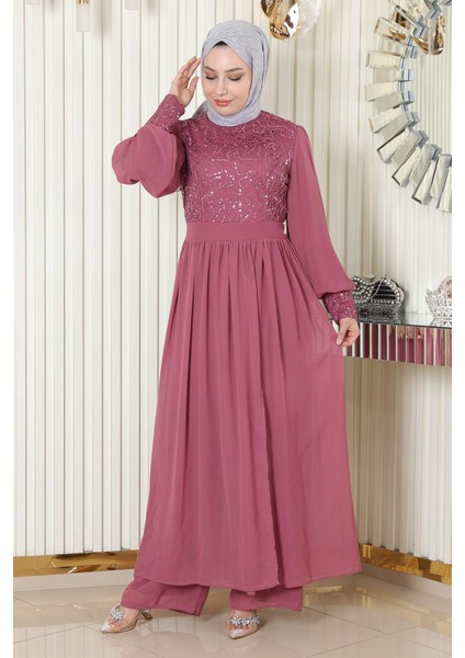 Pulpayetli Şifon Takım Gül Kurusu MSW19190