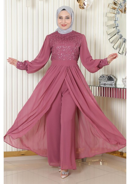 Pulpayetli Şifon Takım Gül Kurusu MSW19190 modelleri