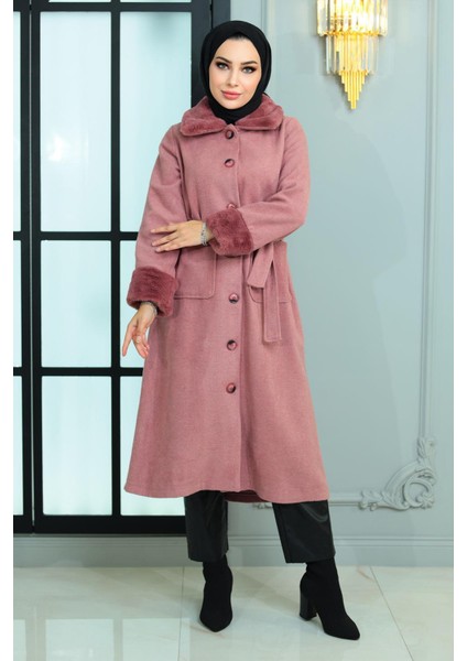 Kürk Detaylı Kaşe Kaban Gül Kurusu 19175