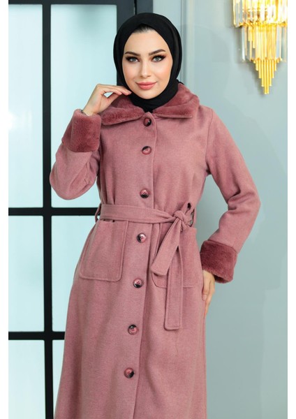 Kürk Detaylı Kaşe Kaban Gül Kurusu 19175 fiyatları