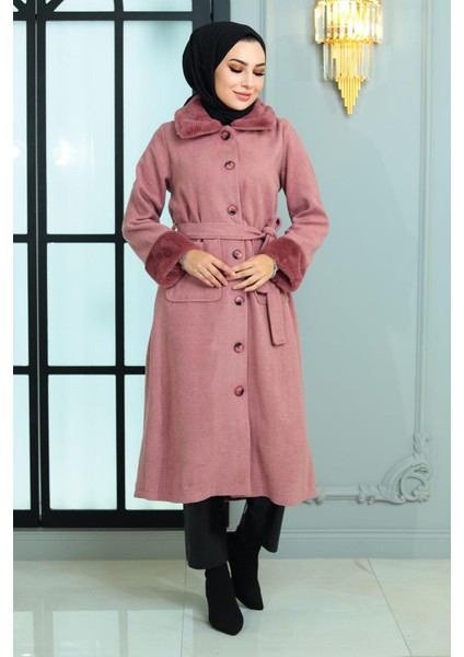 Kürk Detaylı Kaşe Kaban Gül Kurusu 19175 modelleri