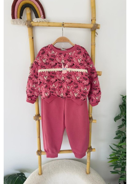 Kalp Baskılı Tavşancık Detaylı Kız Çocuk 2 li takım - Mor