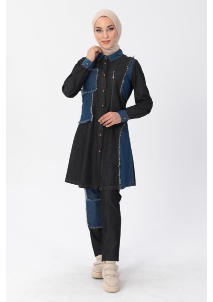 Fermuar Detaylı Tesettür Kot Kombin Siyah MSW10074