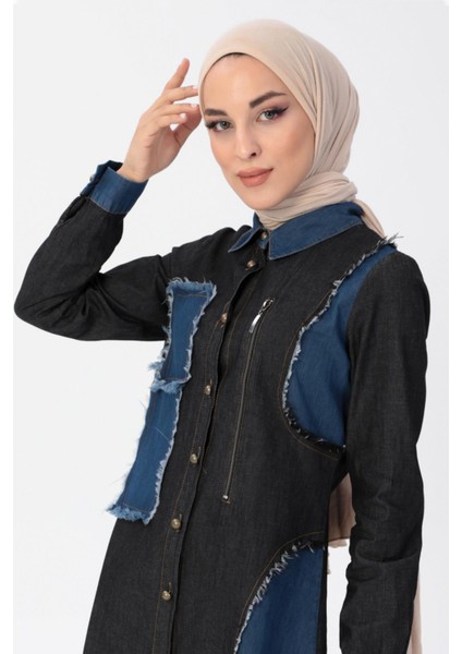 Fermuar Detaylı Tesettür Kot Kombin Siyah MSW10074 fiyatları