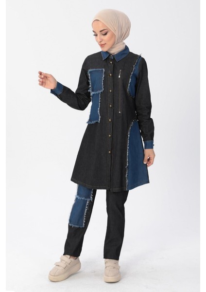 Fermuar Detaylı Tesettür Kot Kombin Siyah MSW10074 modelleri