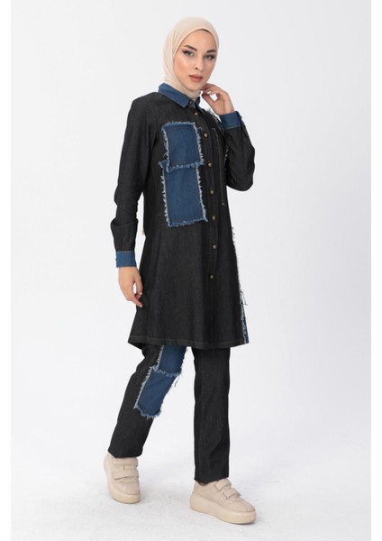 Fermuar Detaylı Tesettür Kot Kombin Siyah MSW10074 fırsatları