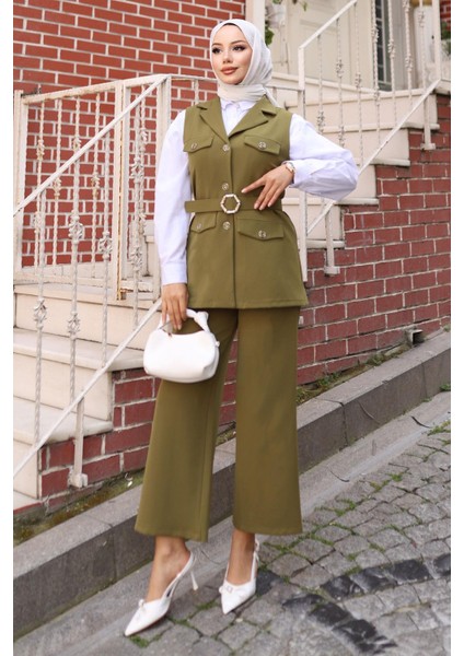 Süs Cep Detaylı Yelekli Takım Haki MSW19249