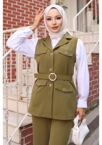 Süs Cep Detaylı Yelekli Takım Haki MSW19249 fiyatları