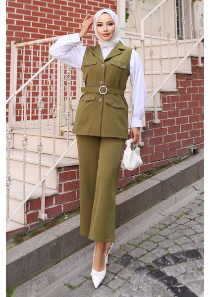 Süs Cep Detaylı Yelekli Takım Haki MSW19249 modelleri