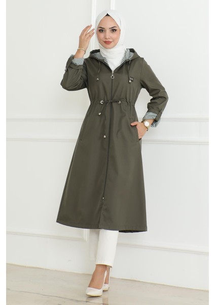 Kapşonlu Fermuarlı Trençkot Haki 19205