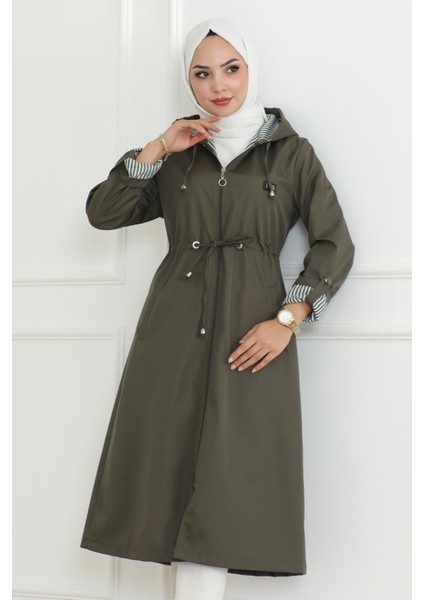 Kapşonlu Fermuarlı Trençkot Haki 19205 fiyatları