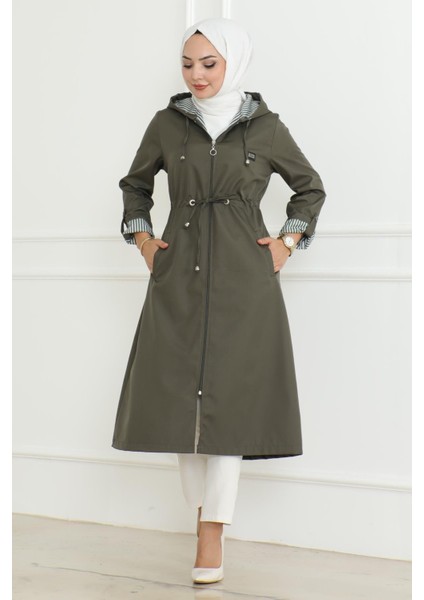 Kapşonlu Fermuarlı Trençkot Haki 19205 modelleri