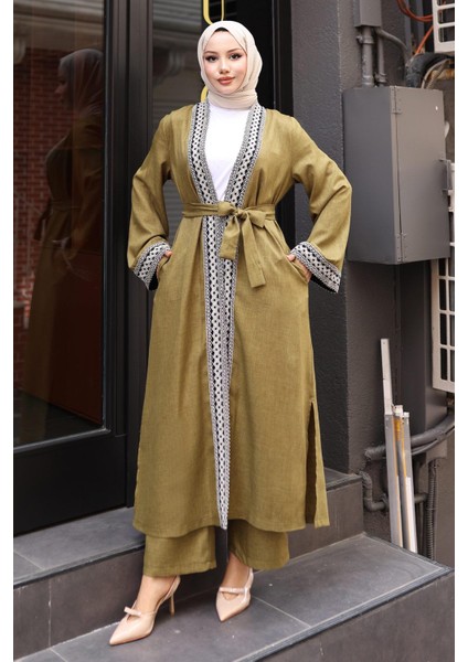 Etnik Desenli Kimono Takım Haki MSW19251