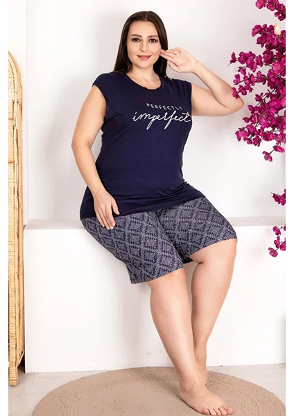 Lady Lady Büyük Beden Çizgili Sıfır Kollu Şortlu Pijama Takımı