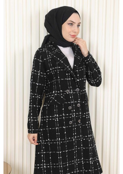 Düğmeli Geniş Yaka Kaşe Kaban Siyah 19177 fiyatları