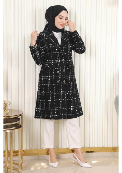 Düğmeli Geniş Yaka Kaşe Kaban Siyah 19177 modelleri