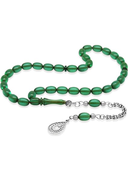 Kararmaz Metal Su Damlası Ayyıldız Püsküllü Kapsül Kesim Yeşil Ateş Kehribar Tesbih