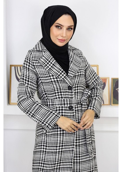 Ekoseli Şanel Kaşe Kaban Siyah 19137 fiyatları