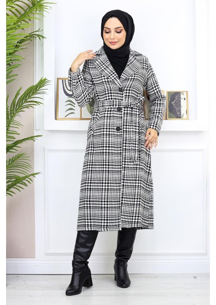 Ekoseli Şanel Kaşe Kaban Siyah 19137 modelleri