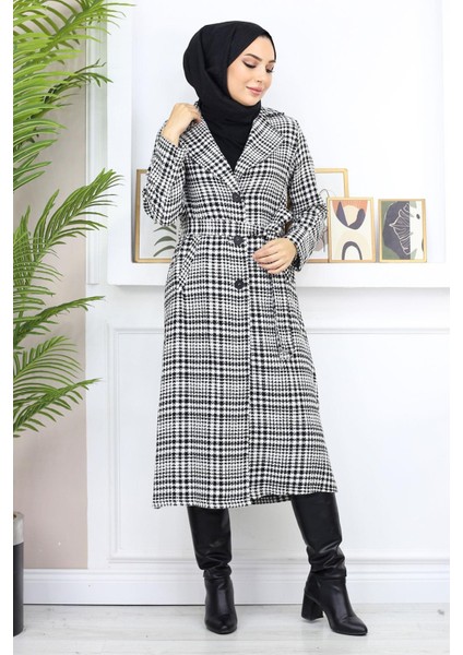 Ekoseli Şanel Kaşe Kaban Siyah 19137 fırsatları