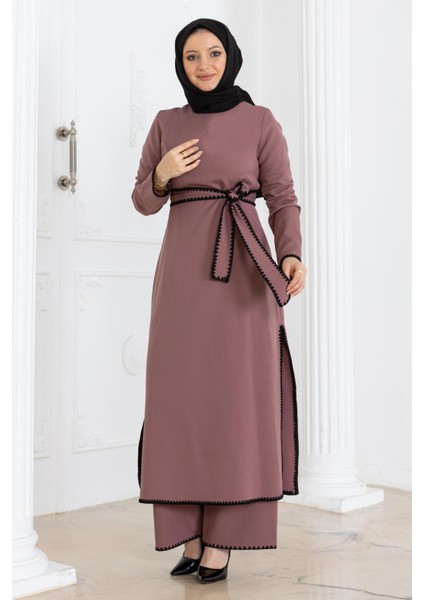 Çoban Dikişli Kemerli Takım Gül Kurusu MSW19365