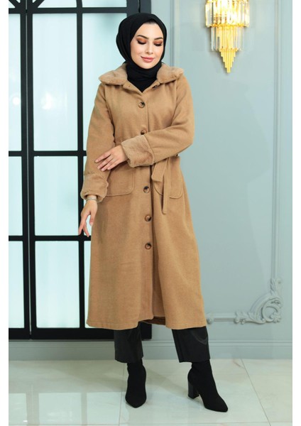 Kürk Detaylı Kaşe Kaban Vizon 19175