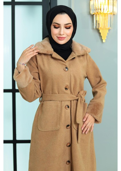 Kürk Detaylı Kaşe Kaban Vizon 19175 fiyatları