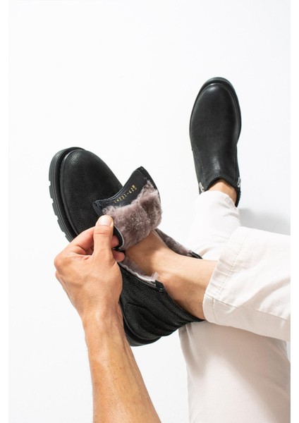 Erkek Siyah Bağcıksız-Fermuarlı Hakiki Deri-Kürklü Kışlık Bot