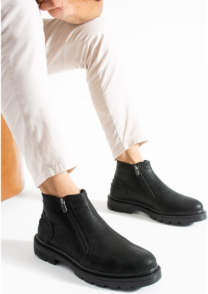 Erkek Siyah Bağcıksız-Fermuarlı Hakiki Deri-Kürklü Kışlık Bot fiyatları