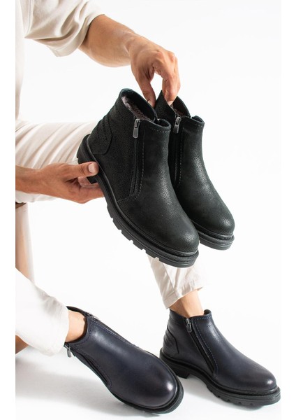 Erkek Siyah Bağcıksız-Fermuarlı Hakiki Deri-Kürklü Kışlık Bot fırsatları