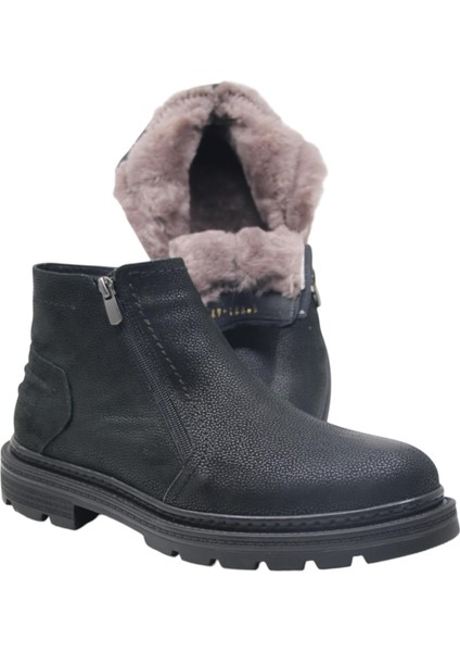 Erkek Siyah Bağcıksız-Fermuarlı Hakiki Deri-Kürklü Kışlık Bot indirimleri