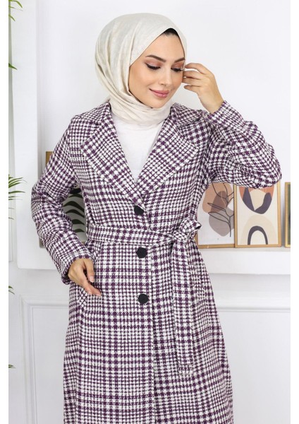 Ekoseli Şanel Kaşe Kaban Mürdüm 19137 fiyatları