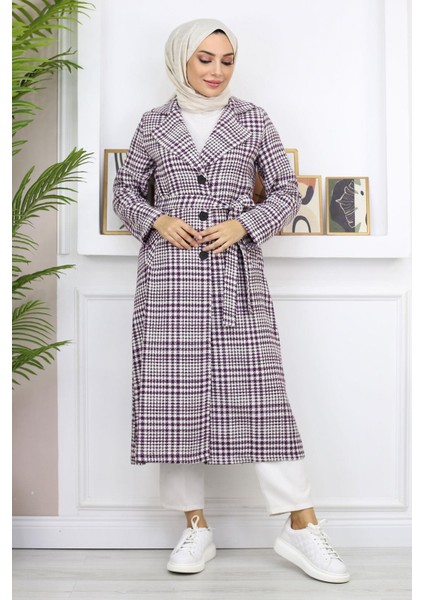 Ekoseli Şanel Kaşe Kaban Mürdüm 19137 modelleri