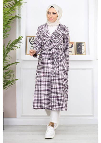 Ekoseli Şanel Kaşe Kaban Mürdüm 19137 fırsatları