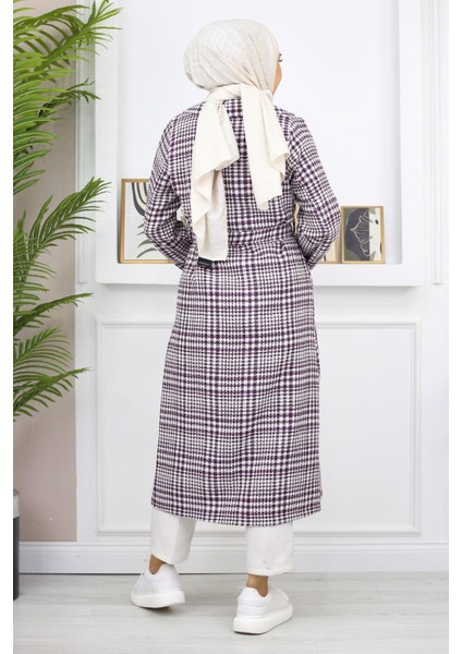 Ekoseli Şanel Kaşe Kaban Mürdüm 19137 indirimleri