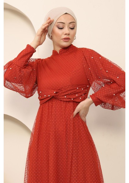 Inci Detaylı Tül Abiye Kiremit MSW12238 fiyatları