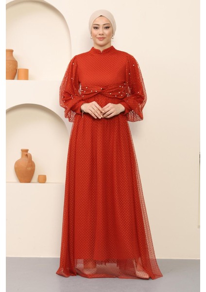 Inci Detaylı Tül Abiye Kiremit MSW12238 modelleri