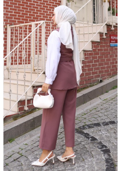 Süs Cep Detaylı Yelekli Takım Gül Kurusu MSW19249 fırsatları