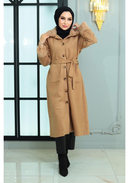 Kürk Detaylı Kaşe Kaban Vizon 19175 modelleri