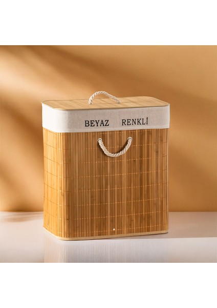 Porsima PBT-440 Çift Bölmeli Kapaklı Kirli Çamaşır Sepeti Dikdörtgen - Iki Bölmeli Bambu Kirli Çamaşır Sepeti fırsatları