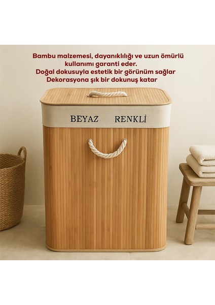 Porsima PBT-440 Çift Bölmeli Kapaklı Kirli Çamaşır Sepeti Dikdörtgen - Iki Bölmeli Bambu Kirli Çamaşır Sepeti indirimleri