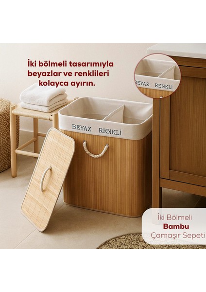 Porsima PBT-440 Çift Bölmeli Kapaklı Kirli Çamaşır Sepeti Dikdörtgen - Iki Bölmeli Bambu Kirli Çamaşır Sepeti
