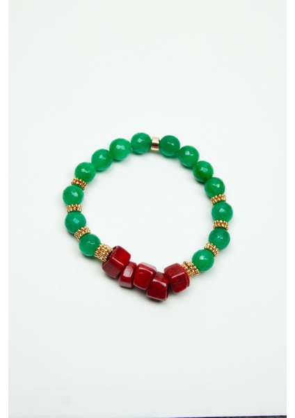 Yeşil Ceyt Kuvars Doğaltaş ve Kırmızı Murano Cam Kadın Bileklik