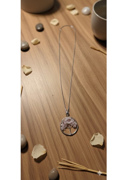 Hayat Ağacı Pembe Kuvars Kolye - Doğal Taşlı Zincirli Şıklık - Kadın Takı fırsatları